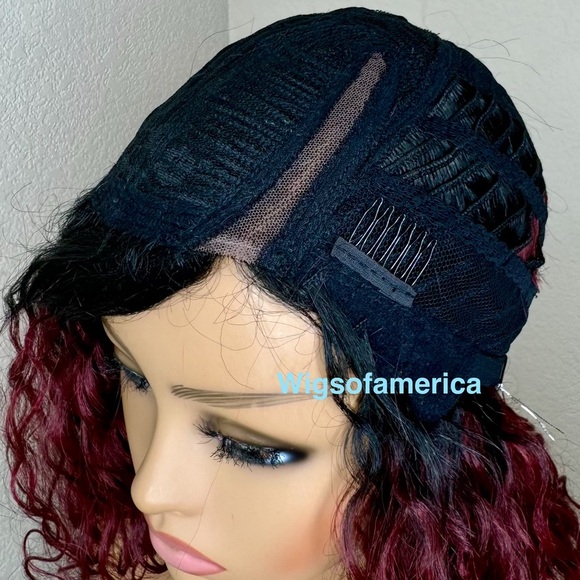 Bob wig Red burgundy wig ombré black side part 14 inches - Picture 6 of 7